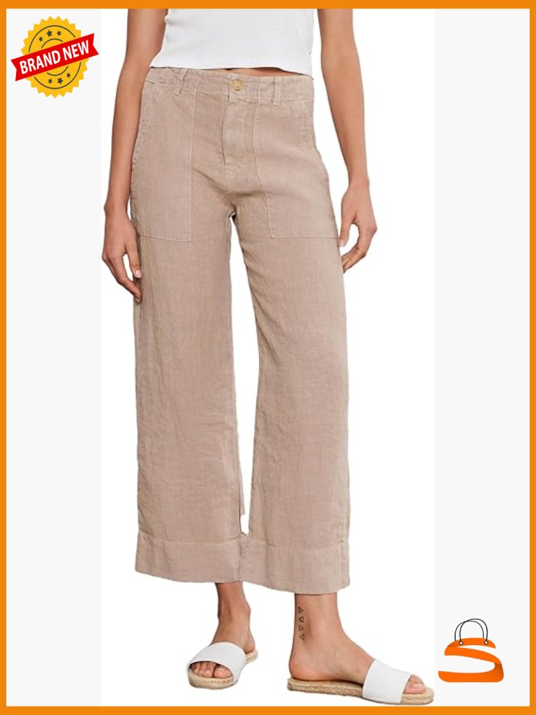 Heavy Linen Palazzo Pants Mid Rise Straight Leg Button Front